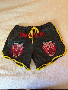 Black Men's Graphic Running Shorts with Yellow Trim